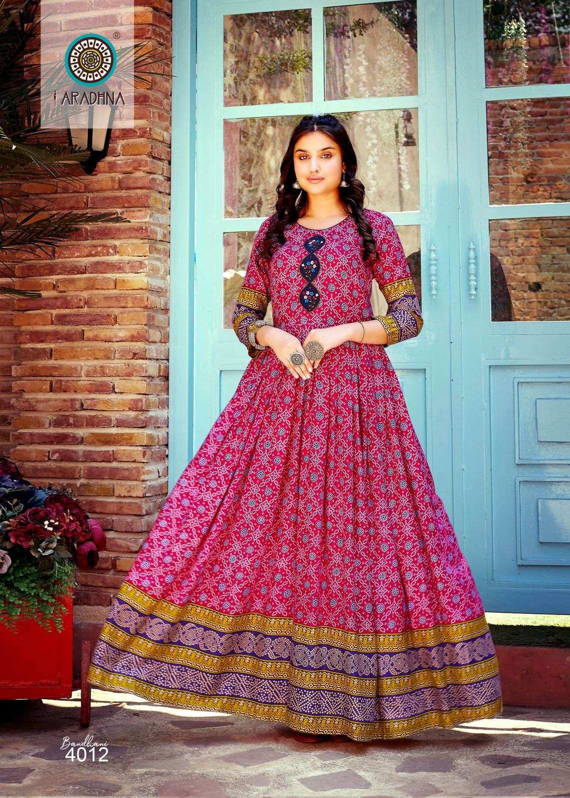 BANDHANI VOL 4 RAYON BANDHANI PRINT EMBROIDERY WORK LIVA TAG LONG GOWN KURTI BY ARADHNA BRAND 4012
